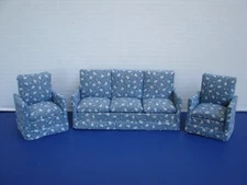 3pc Vintage Dollhouse Furniture Blue Paisley Upholstered Sofa & 2 Chairs