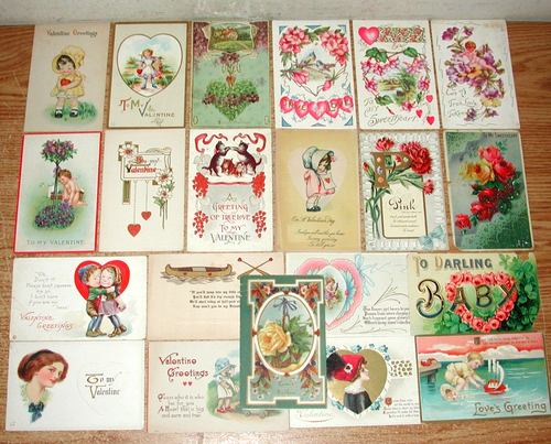 LOT OF 22 ANTIQUE EMBOSSED VALENTINE'S DAY POSTCARDS FROM THE 1910S - Afbeelding 1 van 17