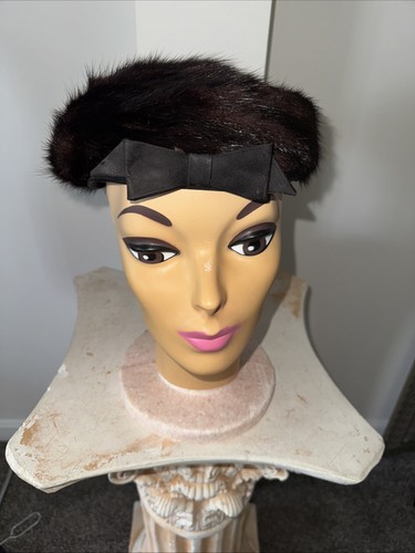 Vtg 50s Franklin Simon Mink Pillbox Hat Beret Satin Bow Trim Size 24 7 5/8
