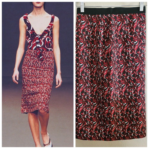 Miu Miu, Vintage 2000's Miu Miu Pencil Skirt Runway Black White Red Side Slit Back Zip 38