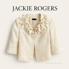 Jackie Rogers Silk Jacket Blazer Cream Ruffle Collar Size 8 Made in USA Vintage