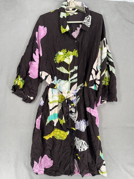 Gorman Dress Womens 16 Brown Floral Shirt Silk Blend Tie Belted Kimono Button