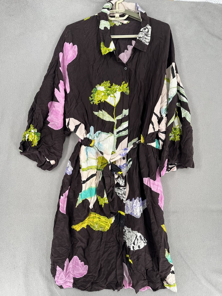 Gorman Dress Womens 16 Brown Floral Shirt Silk Blend Tie Belted Kimono Button