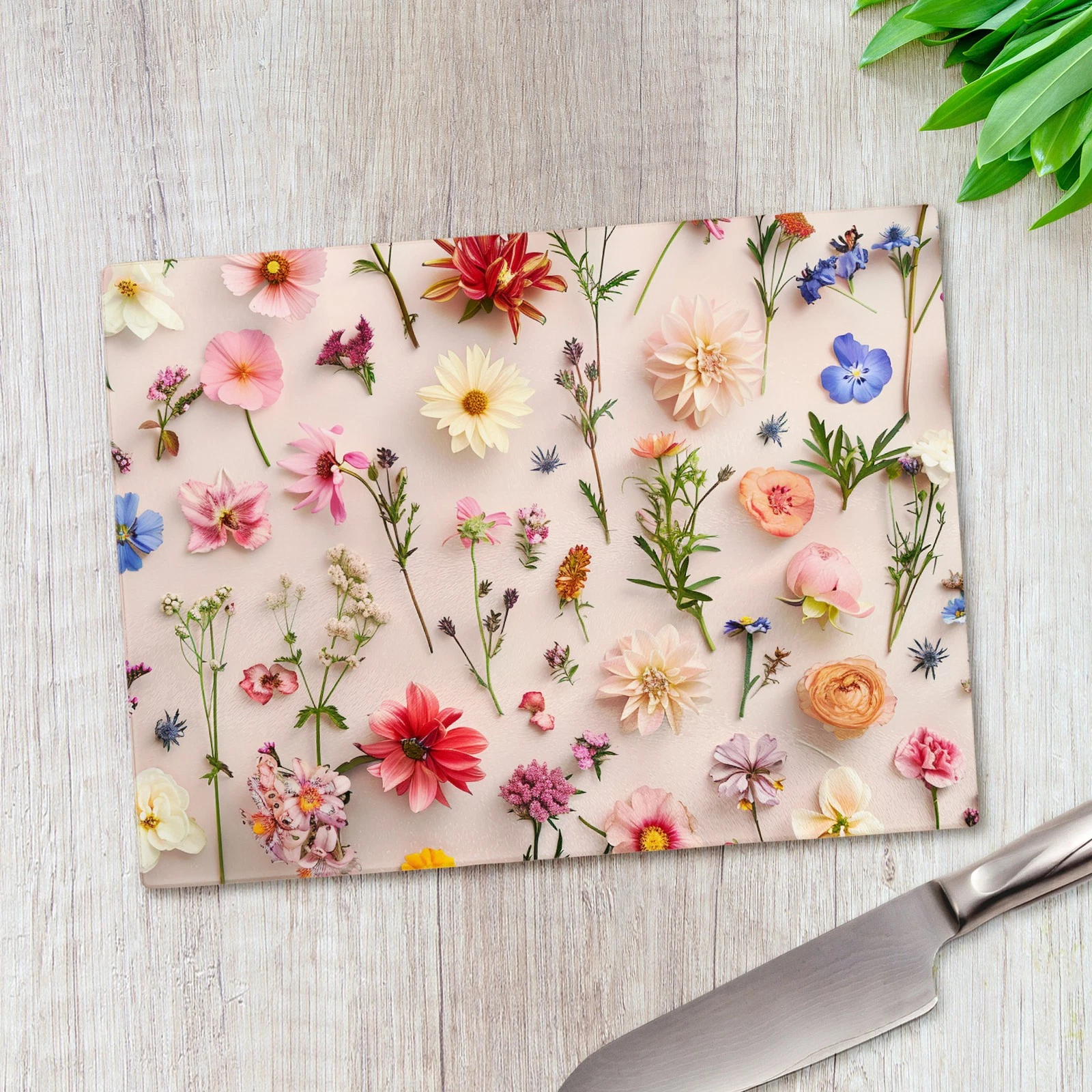 Intricately Placed Flowers Glass Chopping Board Large Kitchen Worktop Saver
