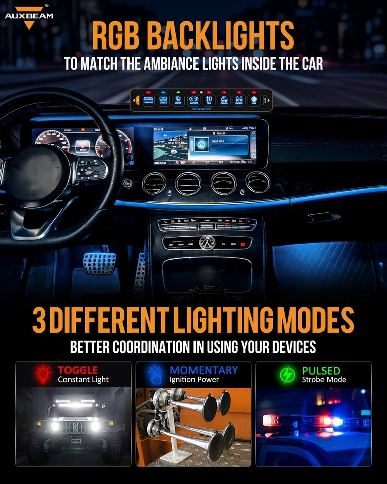 Panel de interruptores AUXBEAM 8 velocidades palanca/momentáneo/pulsado automático regulable para Jeep Foto 3 de 4