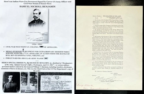 INDIAN/CIVIL WAR MEDAL HONOR SPOTSYLVANIA COLONEL 2nd ARTILLERY DOCUMENT SIGNED