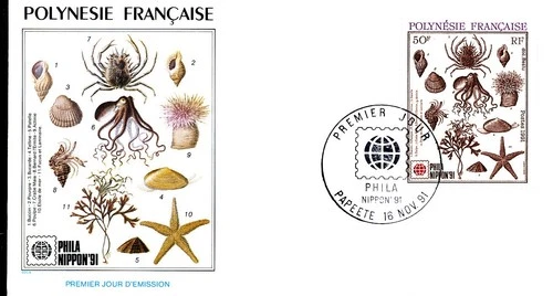 PHILA NIPPON STAMP SHOW SEA SHELLS MARINE LIFE 1991 FRENCH POLYNESIA FDC