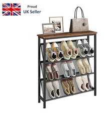 Narrow Shoe Rack, 4-Tier Slanted Shoe Storage Shelf. Wooden Top and Metal Frame.