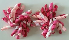 Lot Of 2  Hair Bow  Clips  Tri- Pinks  White Curly Ribbons   Dance Cheer