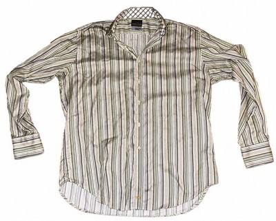 Thomas Dean & Co Button Front Shirt Men s L Multicolor Striped Flip Cuff Cotton
