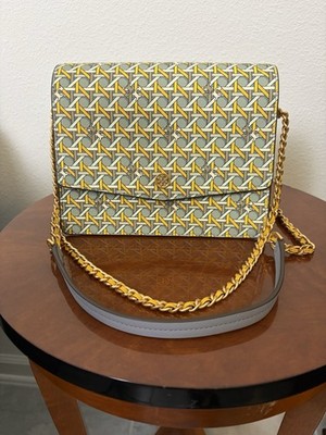 Tory Burch Geometric Logo Small Crossbody Bag Gray Yellow White Snap Gold Chain