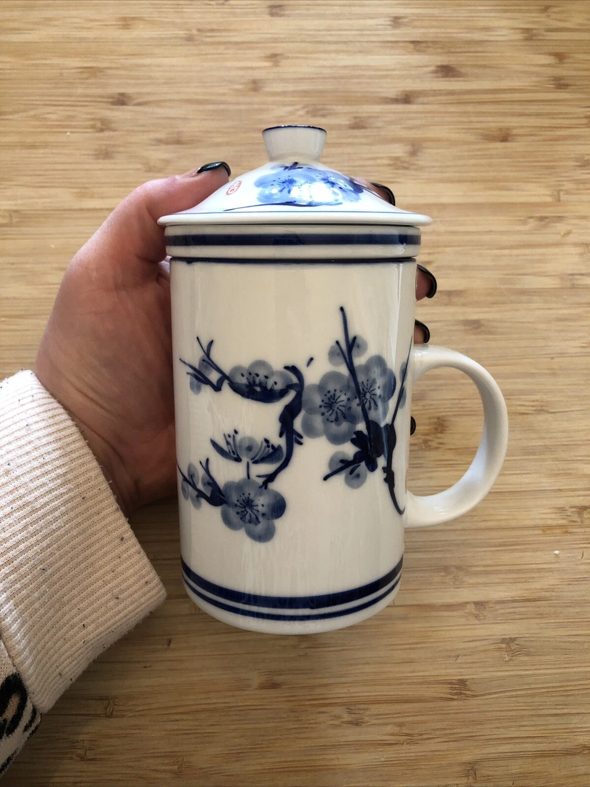 Blue And White Japanese Cherry Blossom 3 piece Tea Cup Infuser and Strainer