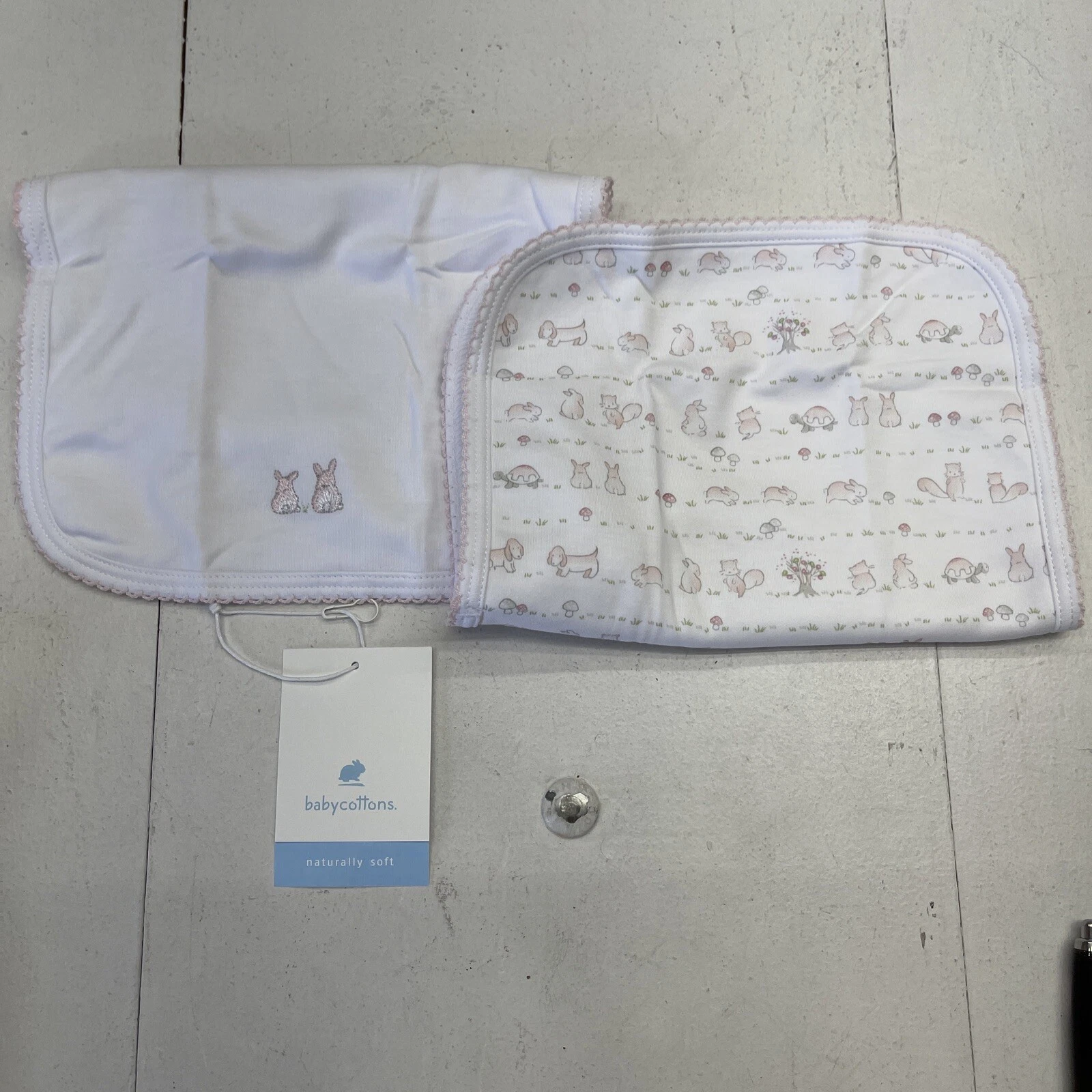 Baby Cottons White Cotton Pink In The Woods Burp Cloths 9x13” 2 Pack New