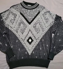 VTG 80's Sostanza Pullover Sweater Black Sz LG Black Diamond Suede Fair Isle USA