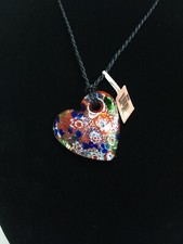 Art Glass Curved Heart Red Pendant Necklace Spiral Black Cord Art to Wear Love