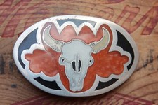 Vintage Hand Made Bull Buffalo Skull Inlay Western Belt Buckle