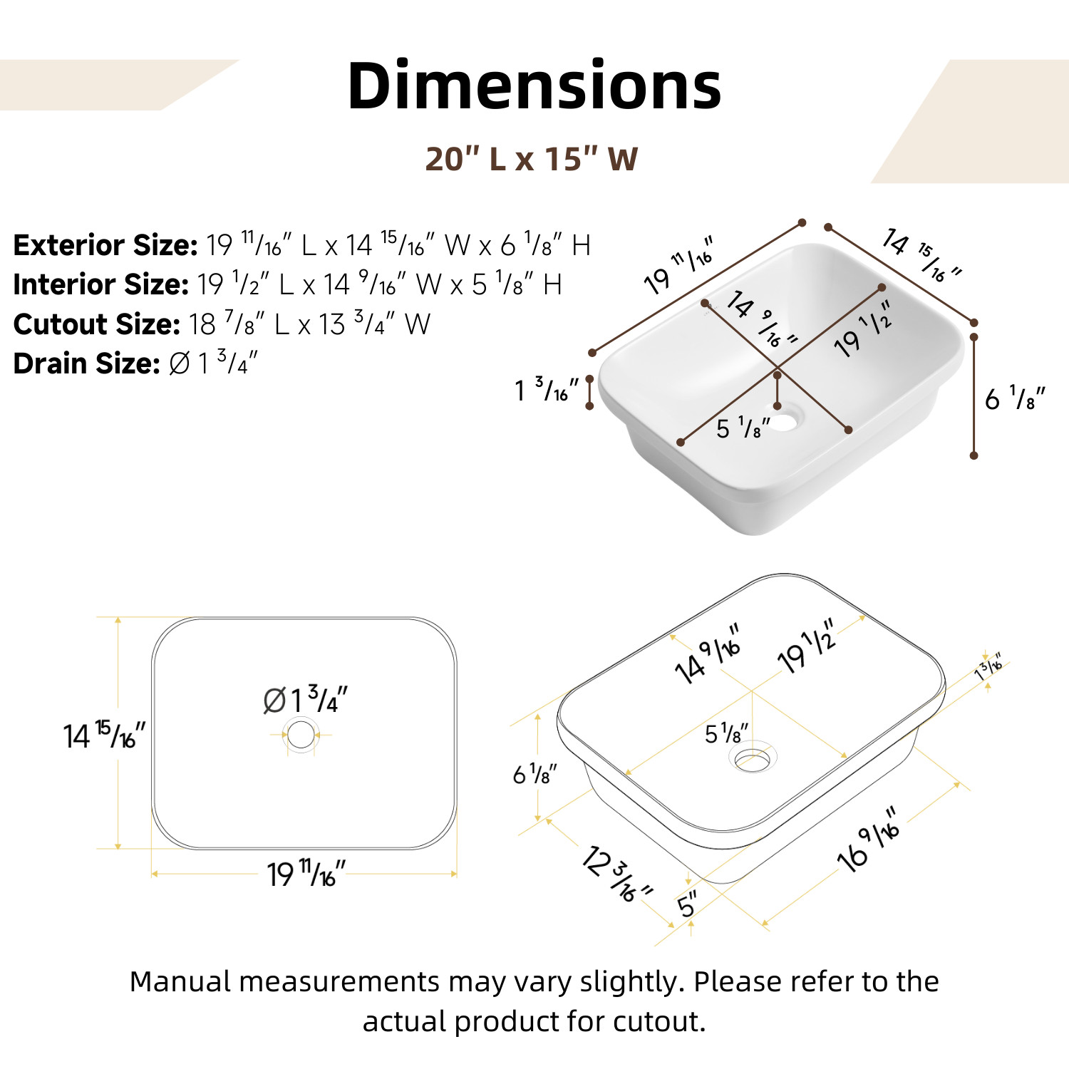 20 x 15 Inch Drop-In Bathroom Sink, White Ceramic Semi-Recessed Sink with Drain