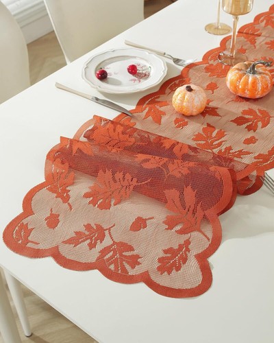 33x183 Embroidered Maple Leaf Lace Table Runner Thanksgiving Autumn Fall Decor - Picture 6 of 7