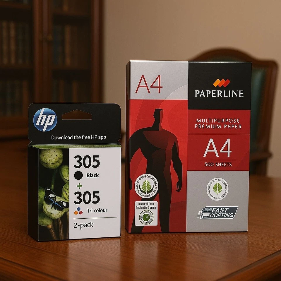 HP 305 Nero + 305 Colore Cartucce d'Inchiostro - 6ZD17AE + Risma carta A4 80 Gr.