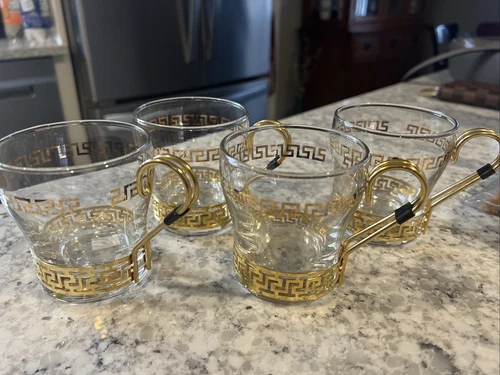 Vintage Libbey Gold Greek Key Continental Glass Coffee Cups Set of 4