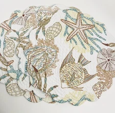 Ocean Sea Life Quilted Round Scalloped Placemats Set of 4 Aqua  Brown Reversible