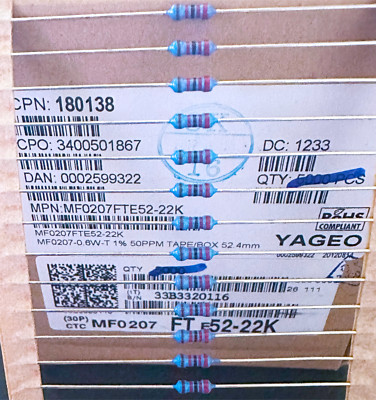 100Pcs MF0207FTE52-22K YAGEO Metal Film Axial Resistor 1% 22KOhm 0.6W