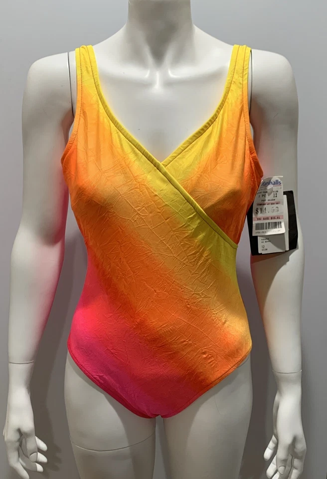Vintage JANTZEN IMAGES CANADA Pink Yellow Orange Crinkle Ombre Swimsuit-12-NWT - Image 2 of 4