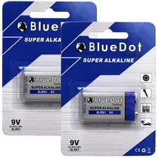 9 Volt (9V) Super Alkaline 6LR61 - 2 Brand New Batteries 5yr Shelf Life BlueDot