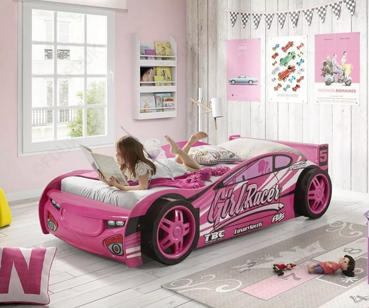 NEW SINGLE 3FT KIDS PINK CAR BED + MATTRESS GIRL'S CHILDREN'S NOVELTY