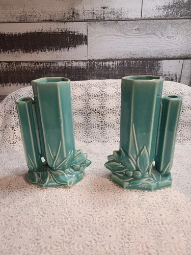 Pair Of Double Vases Glazed Teal Leaves & Berries Unmarked McCoy - 8 1/4'' tall