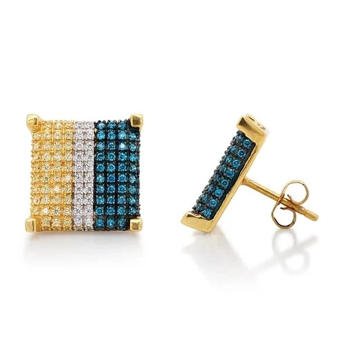 Unisex Square Earring Stud 14K Yellow Gold Finish Simulated Round Cut Blue Topaz - Image 4 of 4