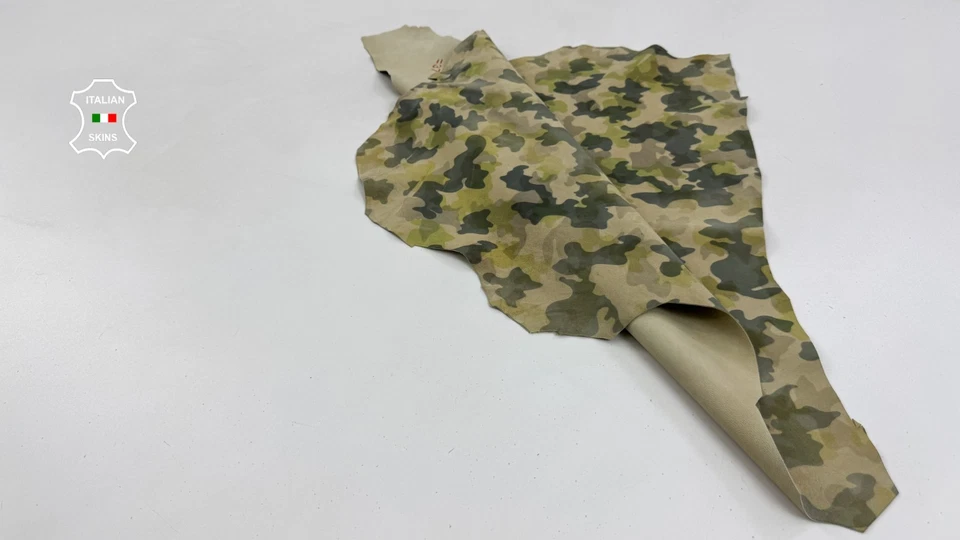 GREEN CAMOUFLAGE PRINT ON IVORY SUEDE Soft Lambskin Leather 3sqf 0.8mm #C6070 - Image 3 of 4