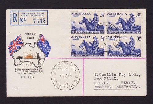 AUSTRALIA 1949 CHALLIS FDC UPU REGISTERED ADDRESSED TO CHALLIS