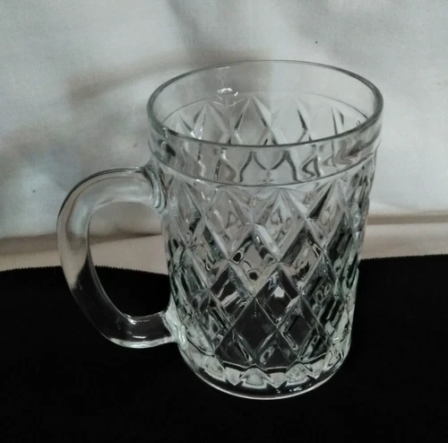 Beer/lemonade glass, crystal-style diamond-cut clear glass, with handle, French