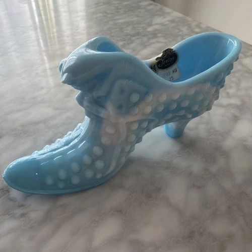 Vintage Fenton Blue Slag Cat Head / Hobnail Glass Slipper