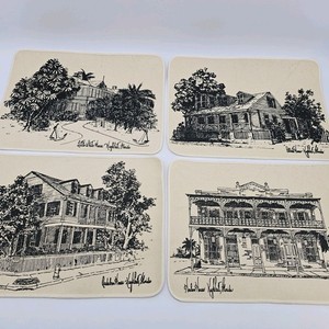 Vtg Key West Fabric Placemats: Black and White Heavy Weight, Set of Four Houses