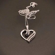 Zales Double Row Natural Diamond 10k White Gold Heart Pendant Necklace w/ box