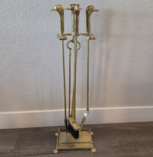 Vintage Brass Duck Head Fireplace Companion Set, Poker, Tongs, Shovel & Brush
