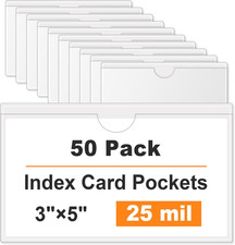 50 Pack Clear Adhesive Pockets 3" X 5", Self-Stick Index Card Pockets with Top O