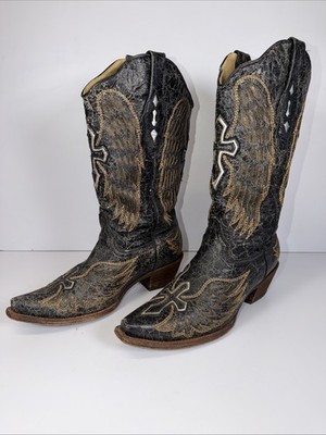 Corral Western Boots Angel Wings Cross Embroidery Black Leather Crackle 10 M