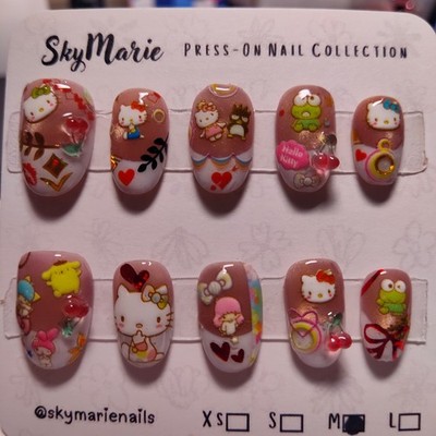 Handmade Kawaii Mascot Press On Nails Medium Short Oval 3D Cherries