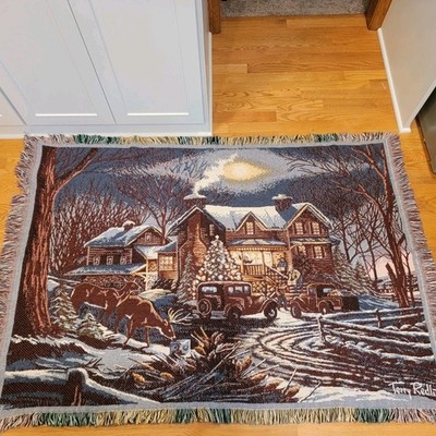 Terry Redlin Throw BLANKET Farmhouse Christmas Snow Deer Scene 46''x66'' Tapestry