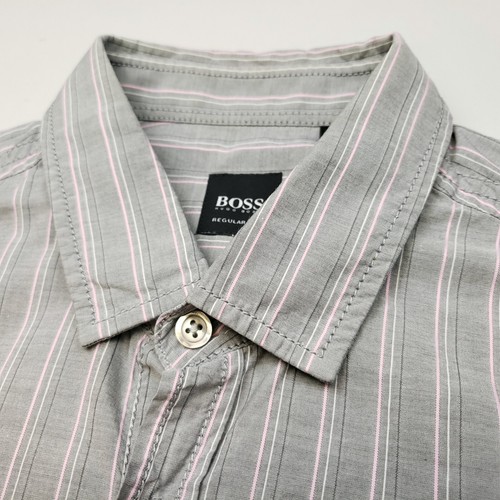 HUGO BOSS Mens Shirt Medium Regular Fit Grey Pink Short Sleeve Striped Casual - Picture 6 of 16