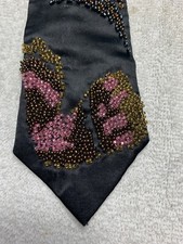 SWEENEY VINTAGE BOYS TIE 1940S -1970S FASHION FUN BLACK WITH BEADED ART 2.75X 53