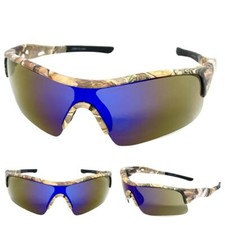 Mens MILITARY TACTICAL Hunting Sport Wrap Safety Camouflage SUNGLASSES Blue Lens