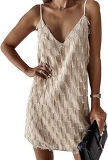 Women's Dresses Spaghetti Strap V Neck Tassel Splicing Solid Color Dress Size S 