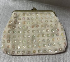 Vintage White Creme Beaded And Sequin Hand Made In Hong Kong Clutch