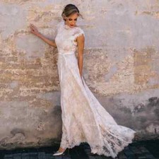 Champagne Lace Applique Wedding Dresses A-Line Cap Sleeve Backless Bridal Gowns