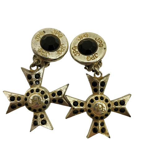 JPG by GAULTIER 90S Archive JPG engraved cross with stone silver earrings