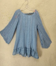 Sundress Women Dress Small Blue 100% Cotton Sequin Flared Sleeve Casual Mini